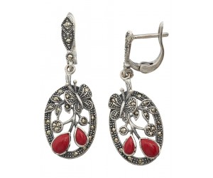 Серьги арт. HE977 Марказит, Коралл синт.